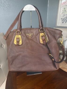 Prada Brown Leather Shoulder Bag with Gold Hardware